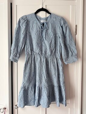 Greylin Light Blue Embroidered Eyelet Tie-Neck Tiered Mini Dress size S